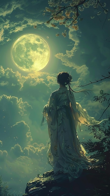 arafed woman in a white dress standing on a rock under a full moon generative ai