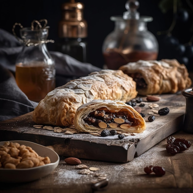 austrian strudel on wooden board on rustic background