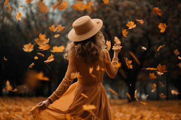 Back view of woman with dry autumn leaves