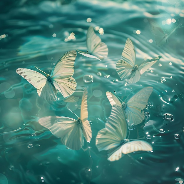 In the bluegreen transparent water there is a group of semi transparent beautiful butterflies floa