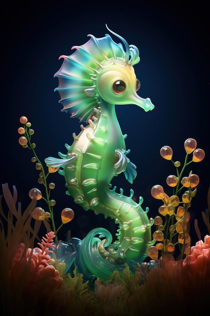 Cartoon character blue aquamarine seahorse 3d illustration for children generative ai