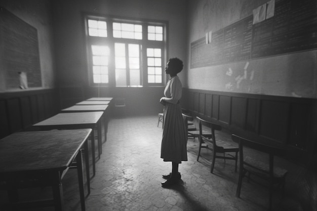 Celebration of labour day with monochrome view of woman working as a teacher