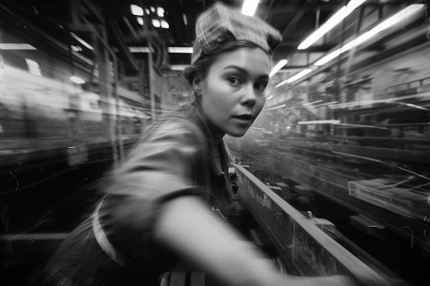 Celebration of labour day with monochrome view of woman working at her job