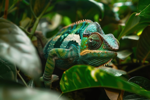 A chameleon on vibrant green leaves