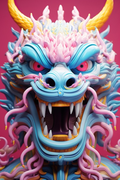 Colourful dragon chinese head blue pink studio background generative ai