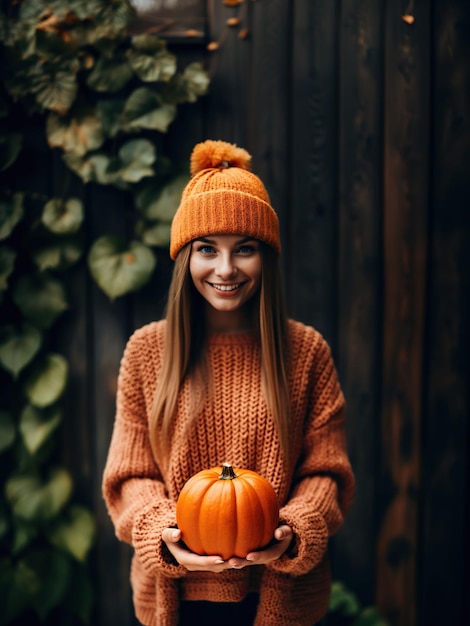 girl with pumpkin dressed in orange knitwear sweater