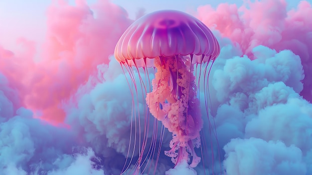A glowing pink jellyfish floats in a surreal sky of soft pastel clouds