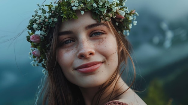 A happy woman wearing a flower crown on her head smiles at a fun event aig