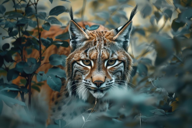 A lynx stalking prey by hiding behind the bush