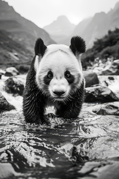 Panda bear portrait in black and white