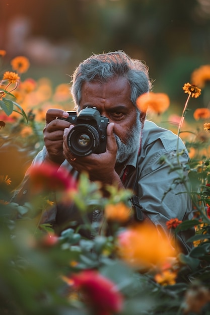Portrait of middle-aged man taking photos with device for world photography day