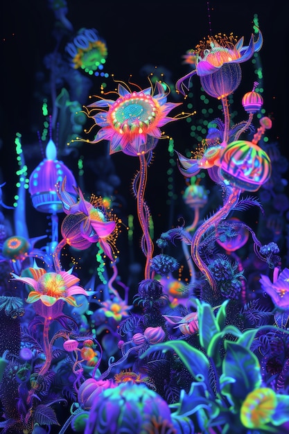 Surreal neon tropical flowers