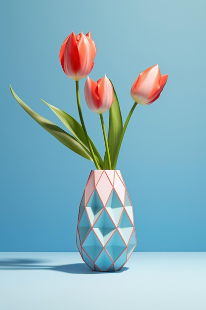 Vase with beautiful red tulips on table against blue background space for text copy generative ai