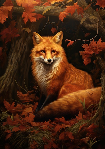 vintage fox in an autumn forest illustration