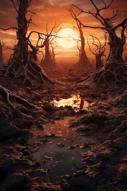 Wildfire Apocalypse postapocalyptic landscape after a wildfire has ravaged the area generative ai