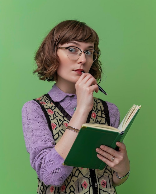 A woman in glasses holds an open notebook and pen wearing a sweater vest over her purple shirt