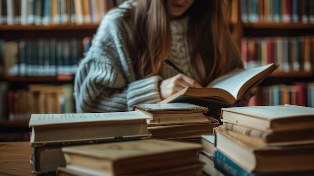 A woman sitting at a table with many books She is holding an open book in her hand and reading it carefully